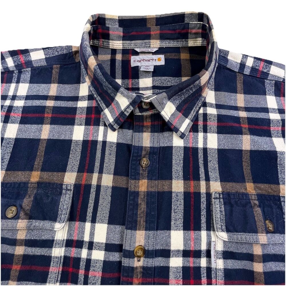 Carhartt Shirt Mens 4XL Blue Tan Plaid Flannel Heavyweight Original Fit Workwear